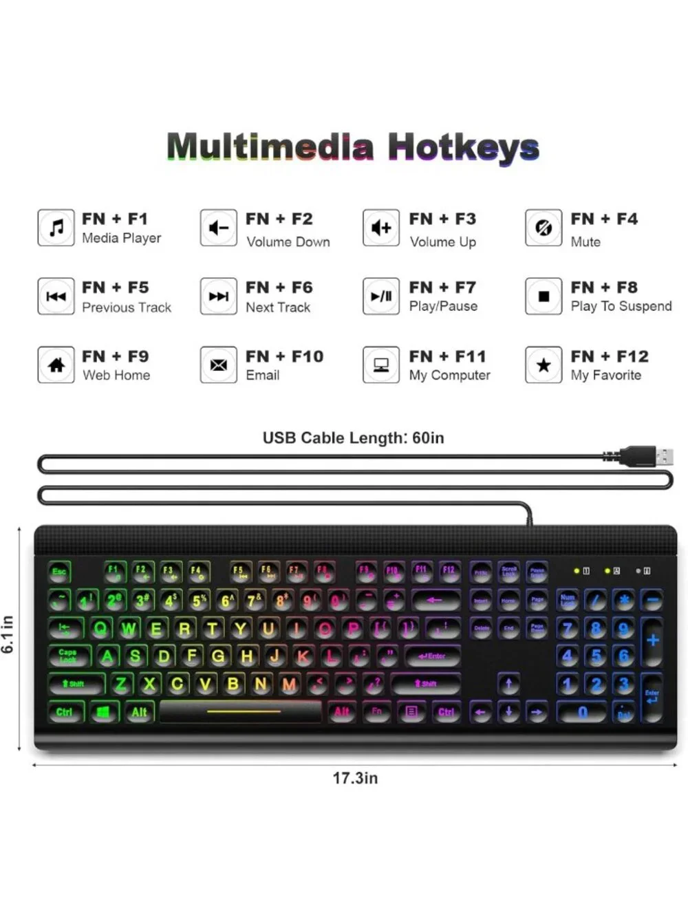 Large Print Backlit USB Keyboard - Full Size Rainbow LED for PC, Laptop & Gaming
